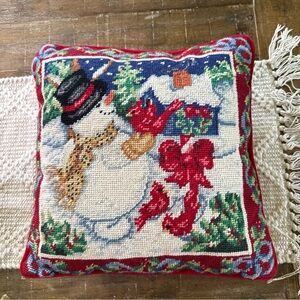 Snowman Wool Vintage Needlepoint Holiday Pillow - Red, Blue, Green